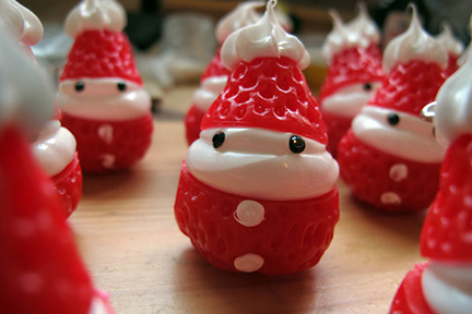 Strawberries decorated like Santa Claus